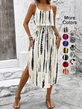 Women's Summer Spaghetti Strap Dress with Belt & Side Slit - Casual Sleeveless Flowy Dress 1