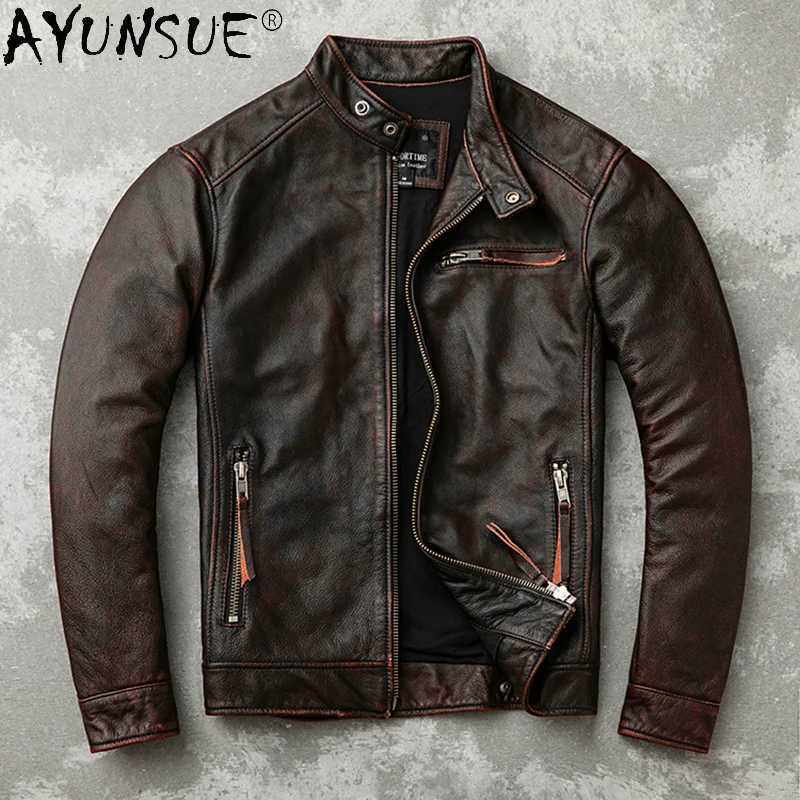 

Men's Genuine Leather Jacket Autumn Men Clothing Real Cowhide Mens Clothes Retro Bomber Jackets Male Ropa Hombre LXR397