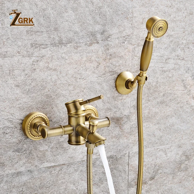 ZGRK Shower Faucets Antique Brass Wall Mounted Bamboo Bathroom Faucet Shower with Handheld Bathtub Faucet Water Mixer Crane Tap