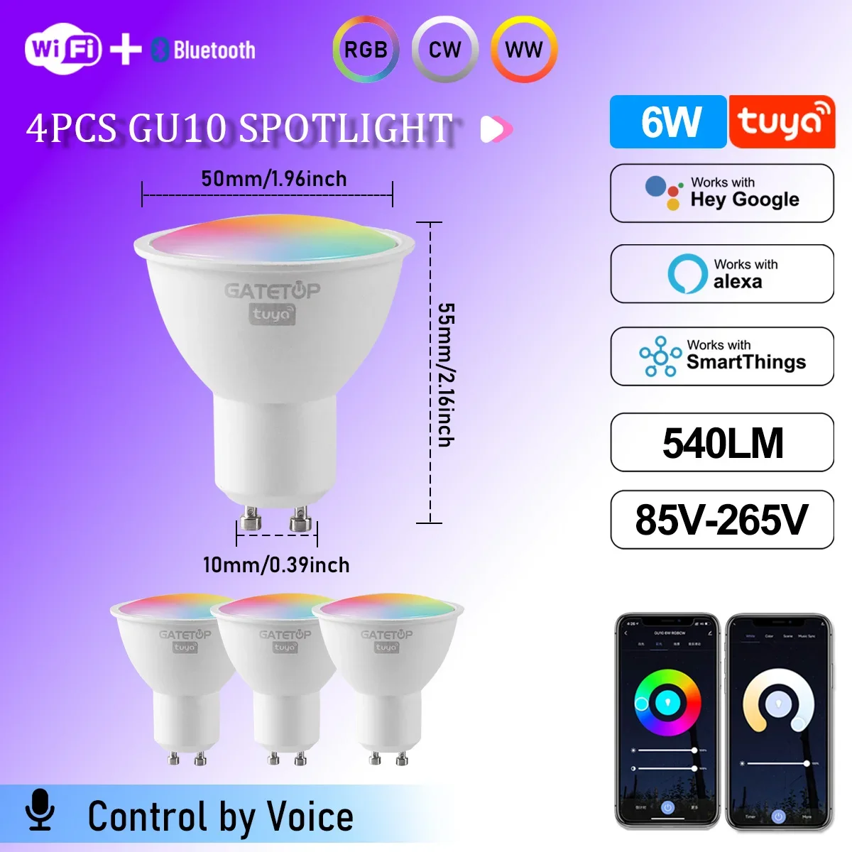 ตัวเลือกสินค้า หลอดไฟ LED สมาร์ท GU10 ควบคุมผ่านแอป ปรับความสว่างได้ 1-100%