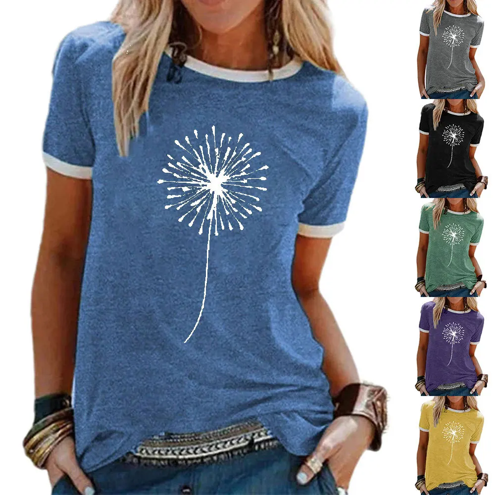 

Women's Top Dandelion Pattern Print Round Neck Short-sleeved T-shirt Women's Summer Fashion Commuting Casual All-match Top Lady