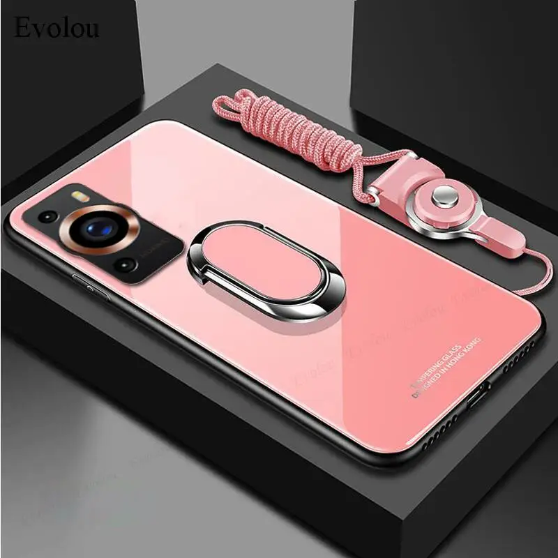 Magnetic Ring Stand Holder Shockproof Case with Tempered Glass and Lanyard