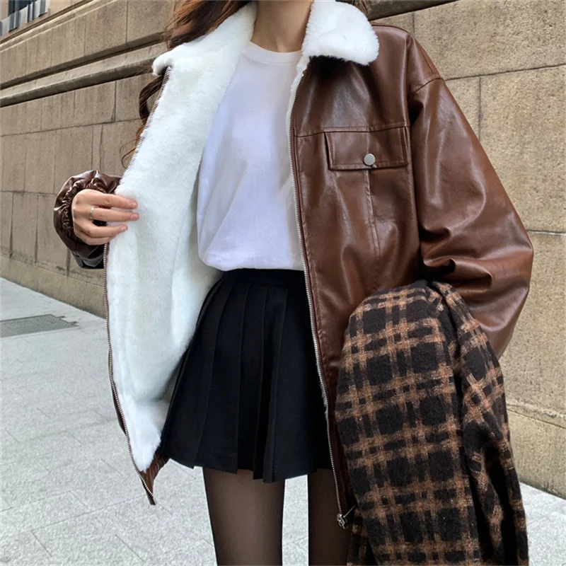 American retro rabbit plush PU leather jacket for women in 2024 winter  style luxurious loose plush warm jacket jacket jacket WL