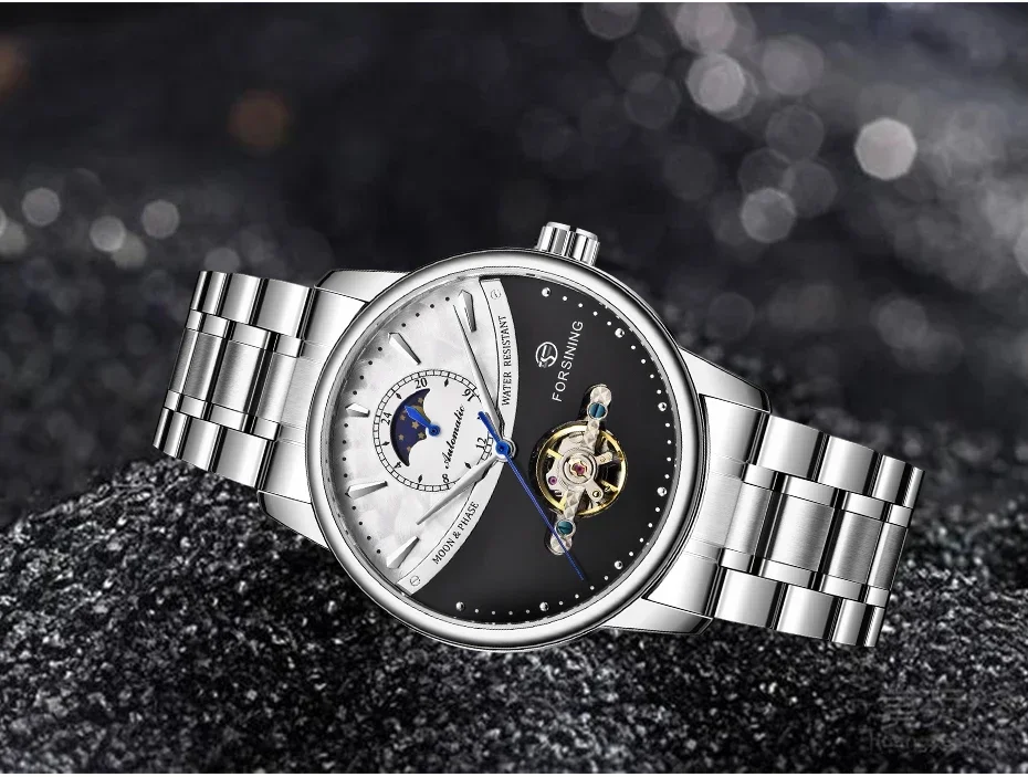 FORSINING Business Herren Automatikuhr Uhr Mondphase Tourbillon Wasserdicht Mechanische Stahlband Armbanduhr Relogio_voghion.com
