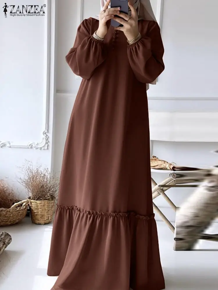 

2023 ZANZEA Fashion Solid Muslim Dress Vintage Turkey Hijab Dresses Woman Long Sleeve Ruffles Hem Maxi Robe Islamic Clothing