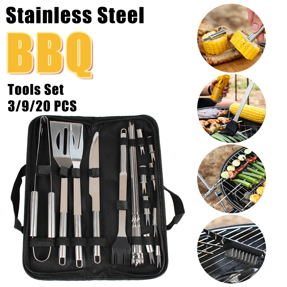 Spatula Fork Tongs Knife Brush Skewers Stainless Steel For Camping Outdoor 3/9/20 PCS Barbecue Utensil BBQ Tools Set