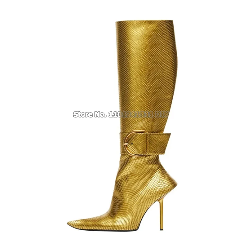 

Big Buckle New Designer Pointed Toe Thin High Heel Boots Women Metal Fastener Side Zipper Knee High Long Boot