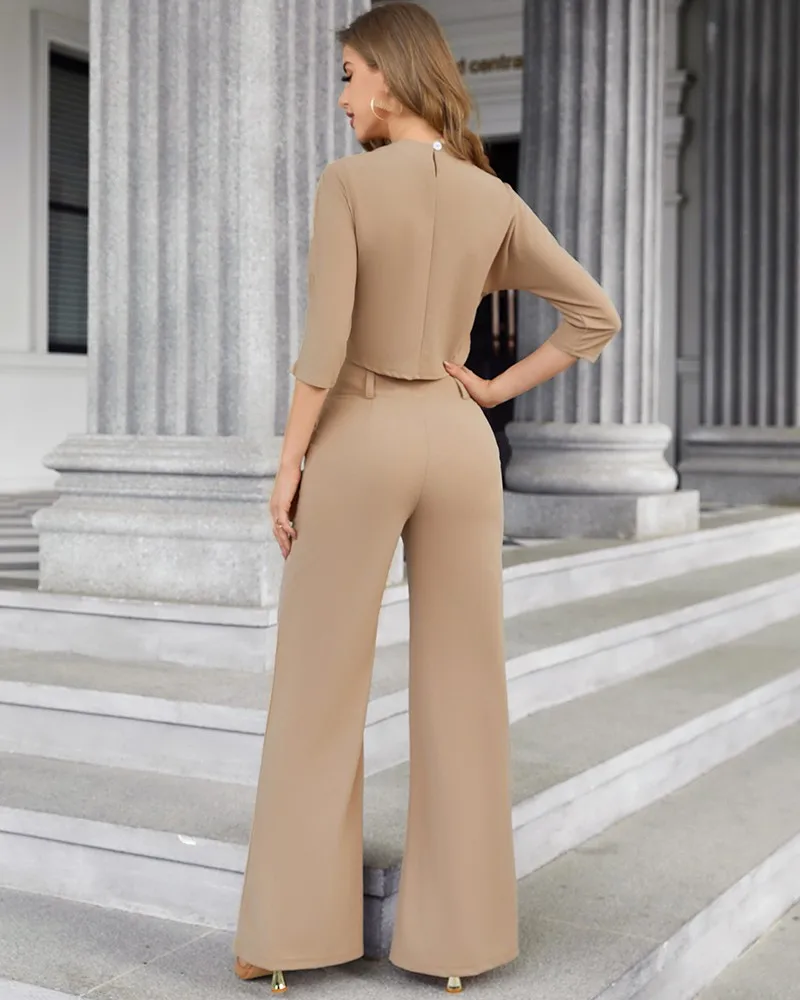 Elegantes 2-teiliges Damen-Büro-Outfit-Set mit Stehkragen, bauchfreies Oberteil und geknöpfter Hose mit Tasche, passende Sets für Damen-Arbeitskleidung – Detail 3