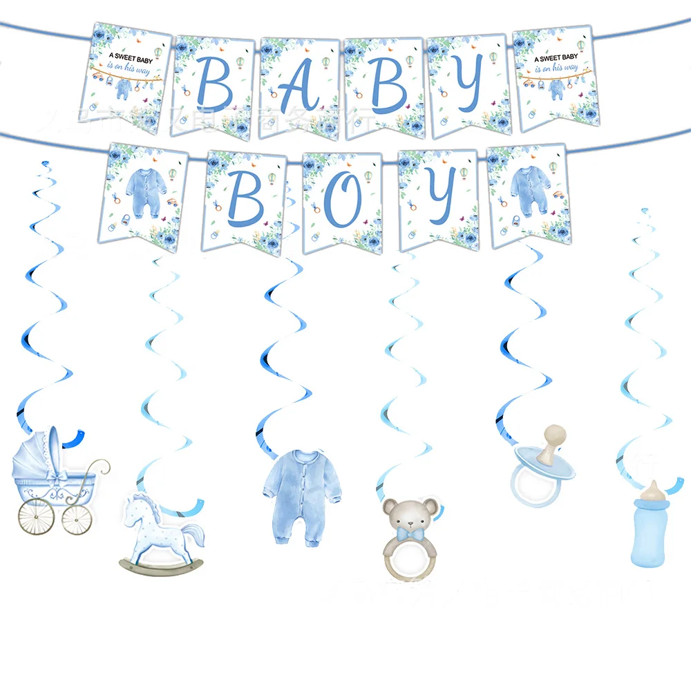 Blue Baby Shower Streamers Hanging Swirls Garlands Decorations Baby Boys Banner Baby Gender Reveal Party Decoration Supplies