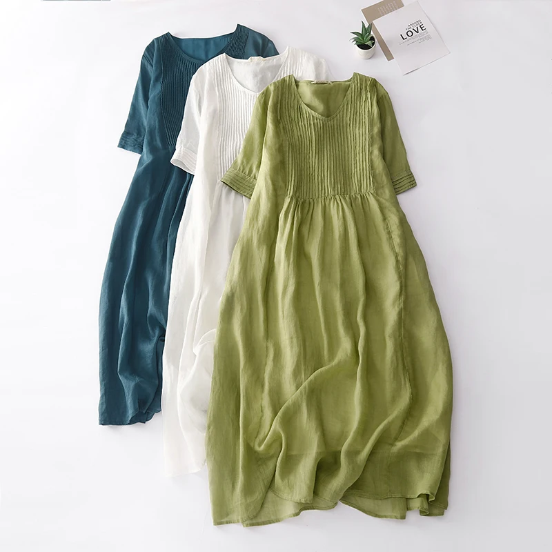 

Vintage Cotton Linen Dress Summer Flolded Pleated Solid Color V-neck Ramie Cool Loose Long Dress Casual Streetwear