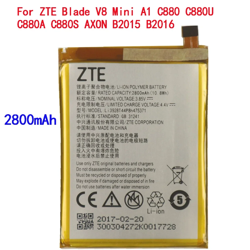 

2800mAh New 100% Original Battery Li3928T44P8h475371 For ZTE Blade V8 Mini A1 C880 C880U C880A C880S AXON B2015 B2016 Phone