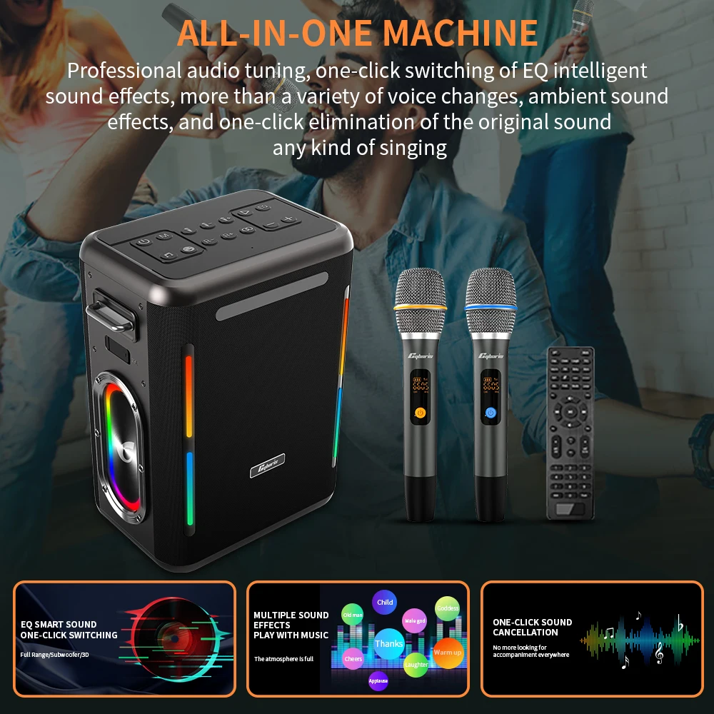 무선 마이크 2 개 포함 노래방 기계, 휴대용 무선 스피커, PA 시스템, 리모컨, RGB, TWS, USB 보조배터리 포함