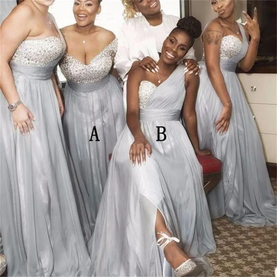 

ANGELSBRIDEP Modest Gray Bridesmaid Dresses One Shoulder Plus Size Beading Sequined Unique Elegant Formal Maid Of Honor Gowns