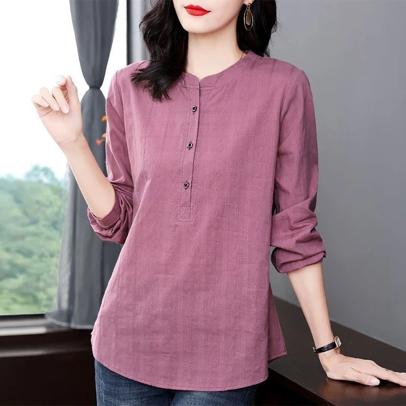 

Women Vintage Casual Shirts Spring Autumn Pure Cotton Plaid Lady Long Sleeve Blouse Femme Loose All-match Pullover Blusa Mujer