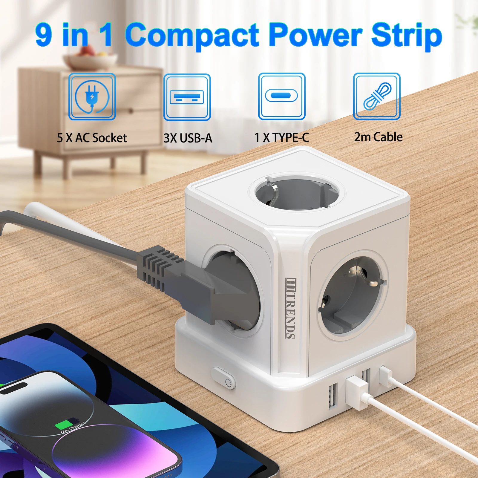 Enhanced Tower Power Socket with Surge Protection - Features 5 AC Outlets, 3 USB Ports, and 1 Type-C Port