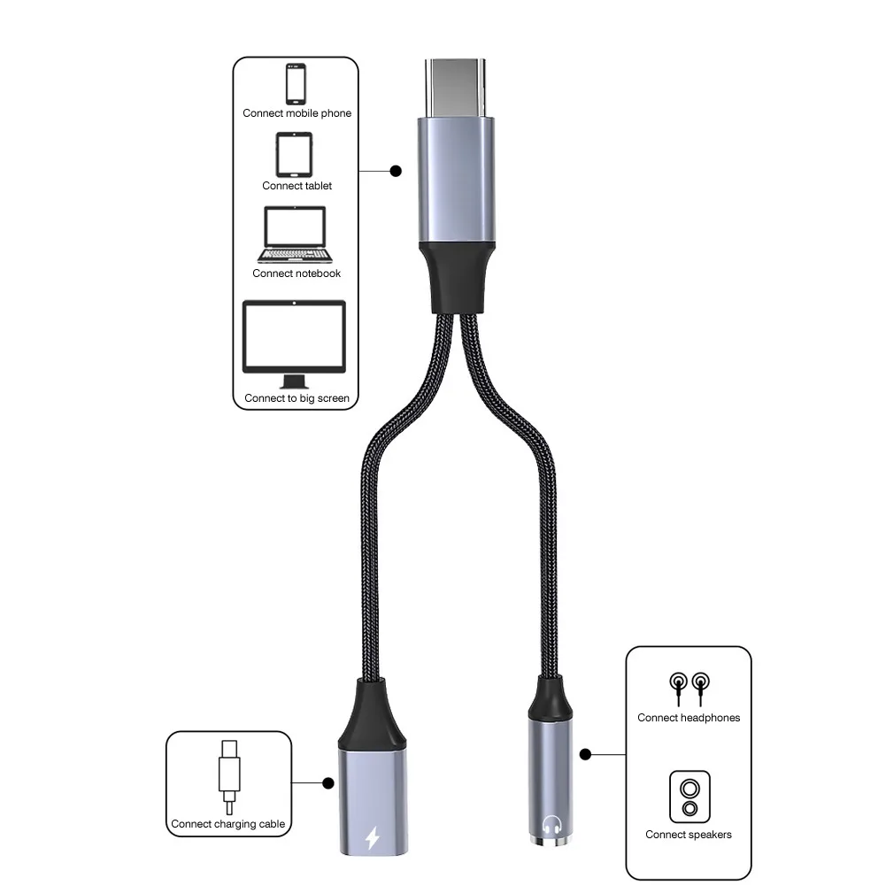 타입 C 2 in 1 스플리터 케이블 USB C 충전 및 3.5mm AUX 오디오 잭 헤드폰 어댑터 와이어 (안드로이드, 아이폰 17, 16, 15, 노트북용)
