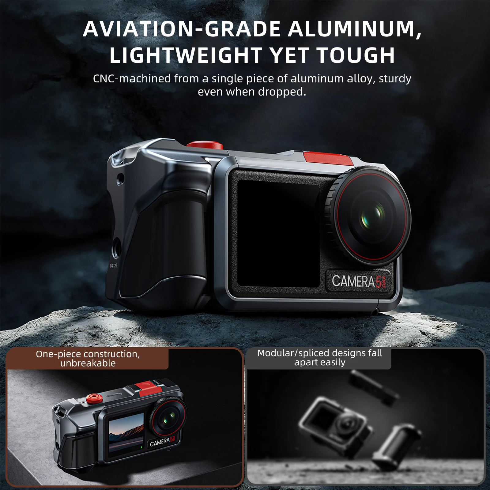Vue de côté de l'étui rigide pour caméra d'action 360°, montrant sa coque dure et ses charnières métalliques, compatible Insta360 et DJI Action 6.