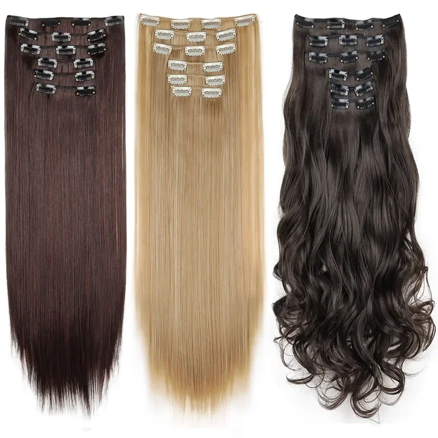 Extensions de cheveux noirs 24 "/60 cm 6 pièces/ensemble femmes longue ligne droite synthétique pleine tête pince 16 Clips Ombre résistant à la chaleur fibre cheveux 1