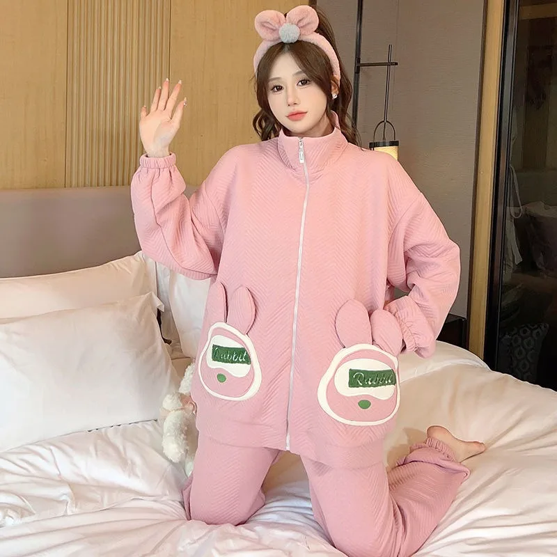 Women Sandwich Pajamas Winter New Cardigan Zipper Sweet Loose Large Size Casual Nightclothes Set Coral Fleece Homewear Suit 2024