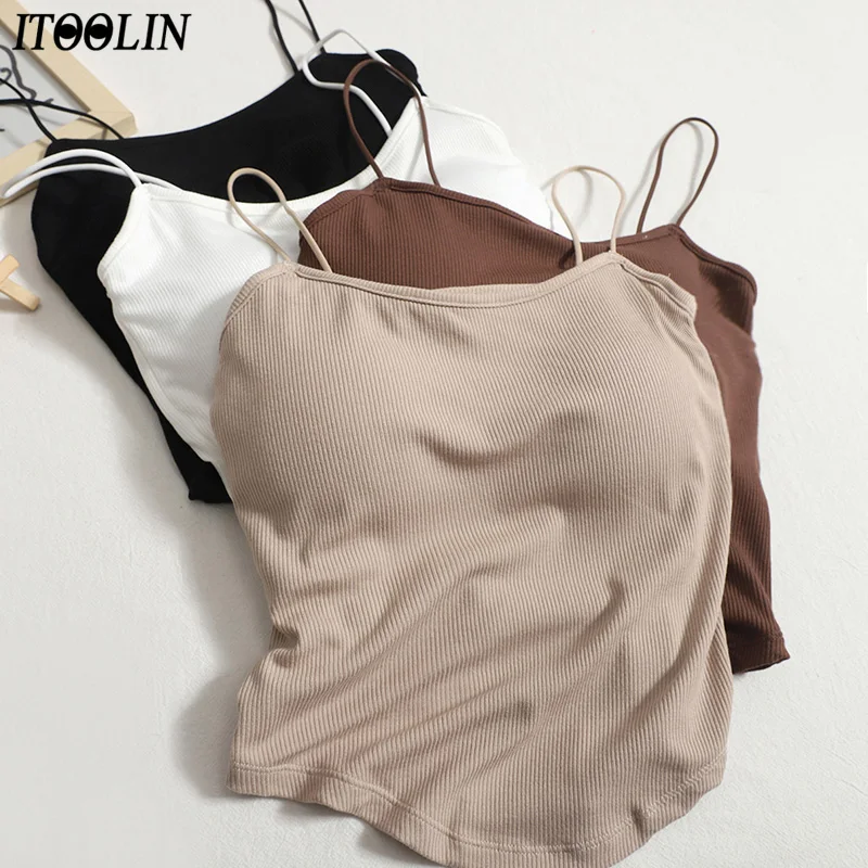 Itoolin Casual Women Camis With Bra Pad Knitted Cute Crop Tops Backless