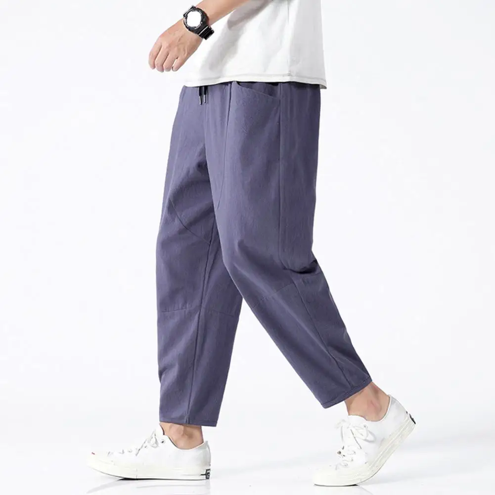 

Solid Color Men Trousers Versatile Men's Elastic Waist Drawstring Pants with Big Pockets Comfortable Stylish for Casual