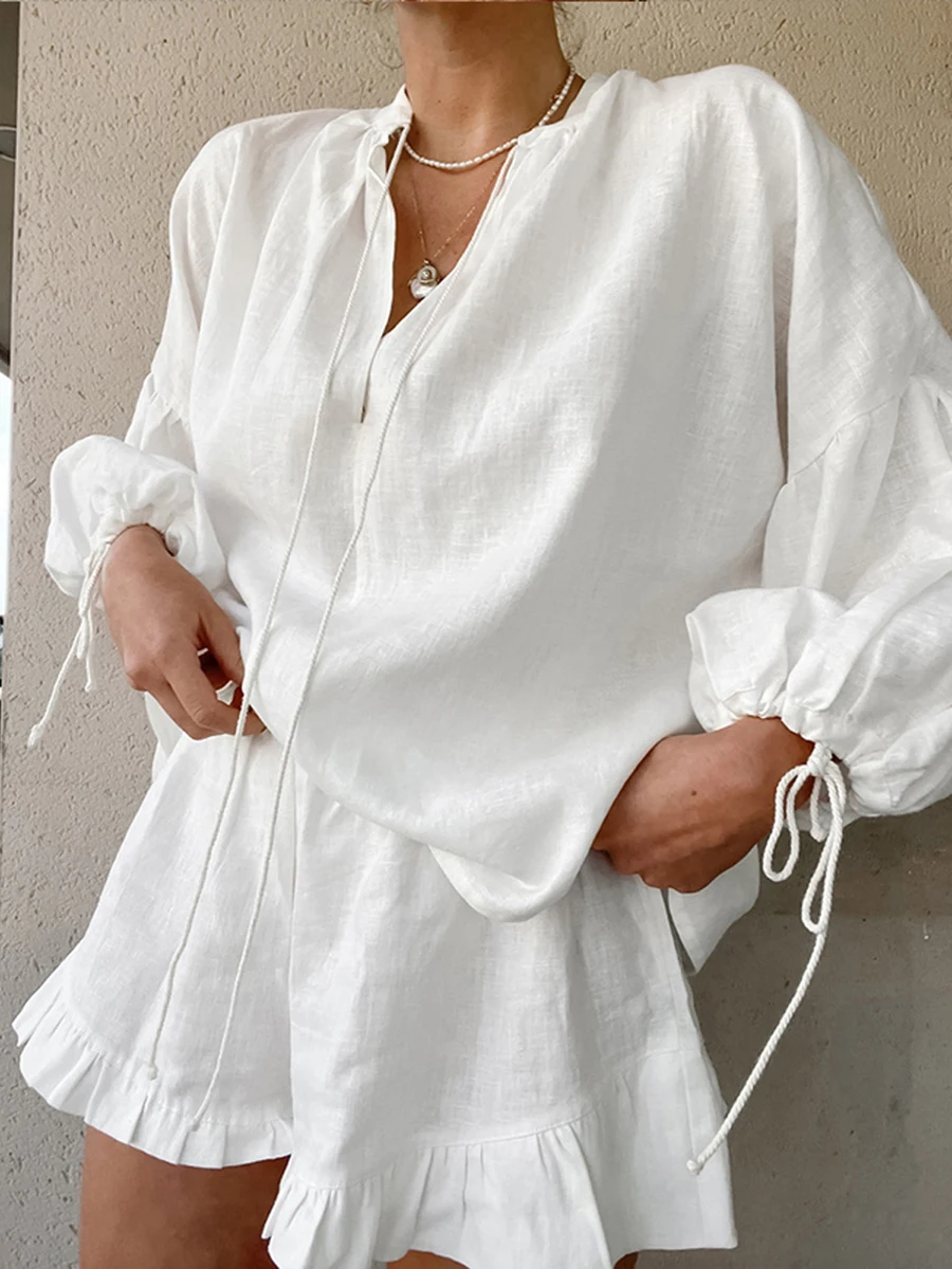 Casual Women s Summer Outfit Stylish Long Sleeve V-Neck Top with Tie-Up Detail and Elastic Waist Shorts Set for a Chic Look 1