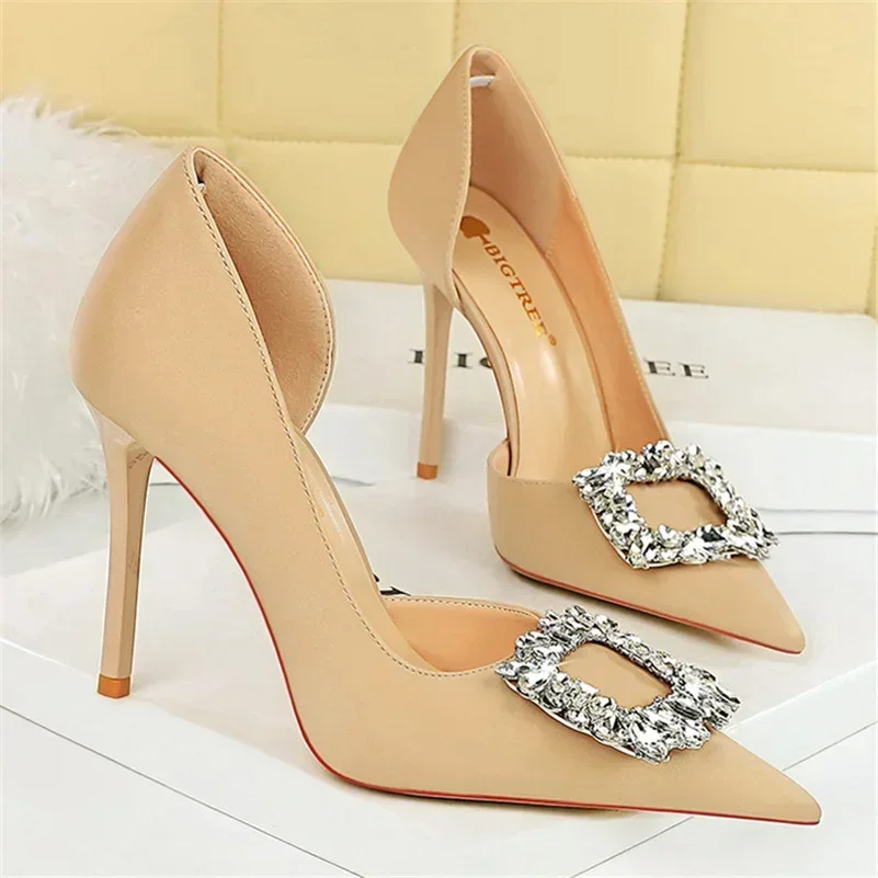 Women Fashion Wedding Party Designer Pink Purple Rose Red Pumps Lady Fetish 10.5cm High Heels Crystal Buckle Satin Evening Shoes 4