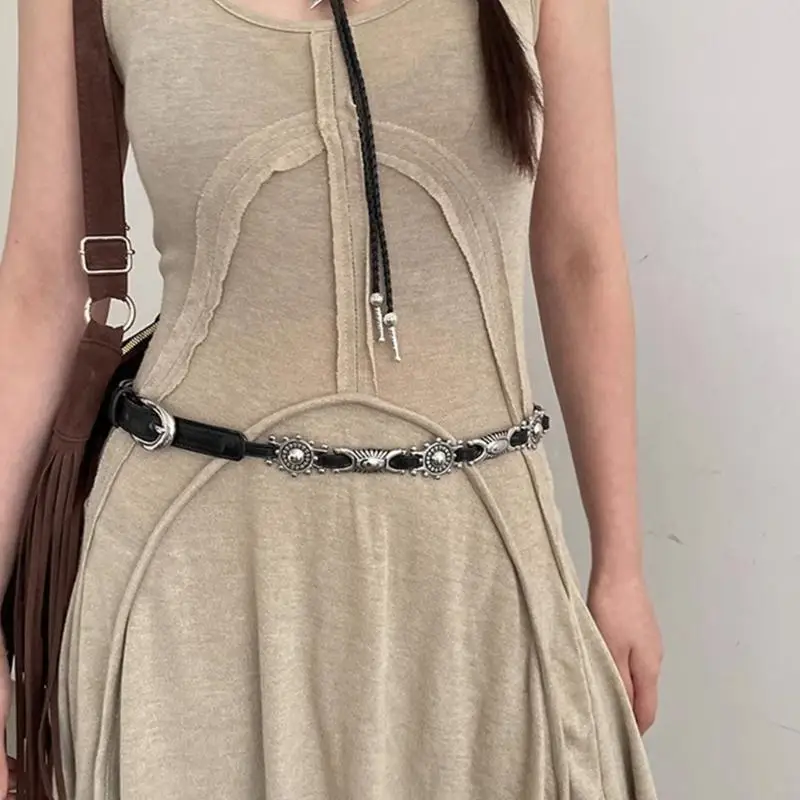 15YC Vintage Punk Black Belts For Womens Leathers Waist Belt Female Thin Waistbelts