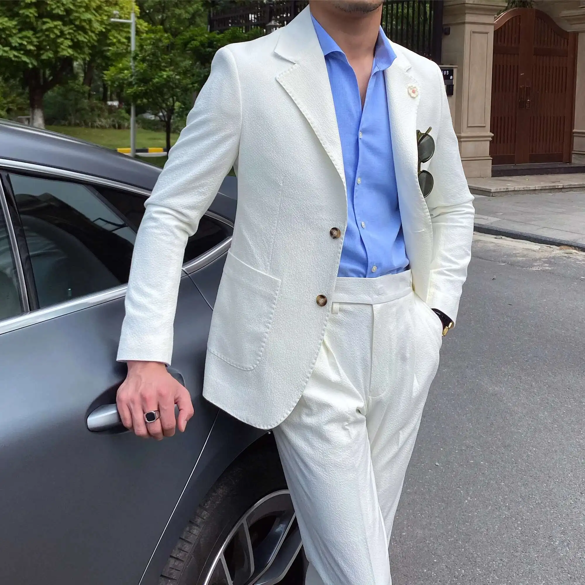 New Summer Seersucker Suit Men Italian Style British Slim Fit Casual White Suit Trendy Man Smoking Homme Mariage Men Tuxedo