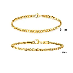 Men's Stainless Steel Chain Bracelets - Silver, Gold, and Black Rope Wristbands, Trendy Cuban Link Design, Set of 2 - 21cm (Gold set 5)