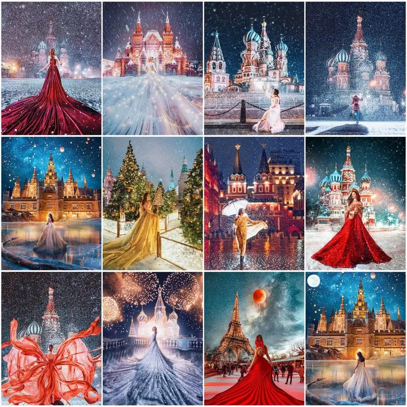 

CHENISTORY 5d Diamond Art Painting Kits Portrait Of Elegent Woman Diamond Embroidery Mosaic Castle Scenery Home Decoration