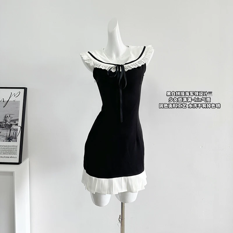 

2023 Black Gothic Mini Dress Women Summer Sexy Elegant Vintage Fashion Sleeveless Peter Pan Collar Dress Female One Piece Frocks