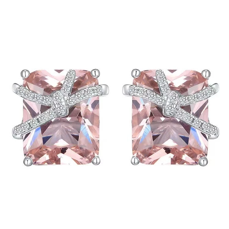 

Tiff Design Pink Morganite Bowknot Diamond 925 Silver Ear Stud Elegant Pink Gemstone Small Earring 9k Gold Luxury Fine Jewelry