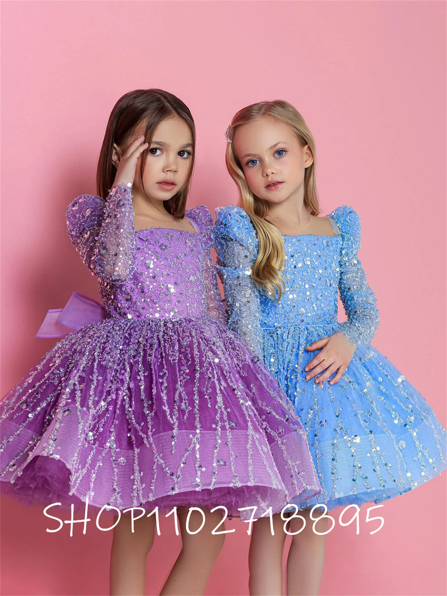 

Puffy Shining Flower Girl Dress Pretty Girl Dress Princess Dress First Communion Dress Long Sleeves Girl Wedding Party Dress