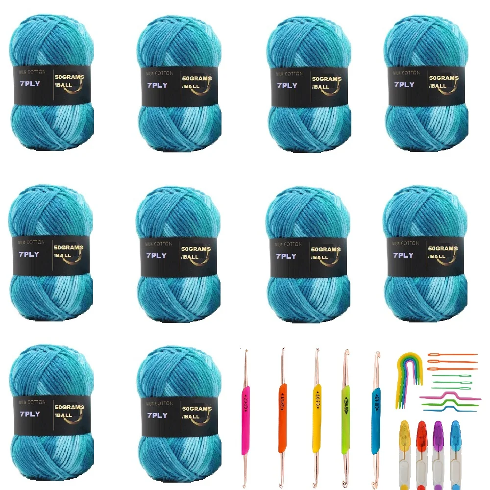 

Milk Cotton Yarn for Knitting and Crochet Hooks Set DIY Handknitting Sweaters, Scarf Blankets, Free Shipping, 10x50g/Ball = 500g