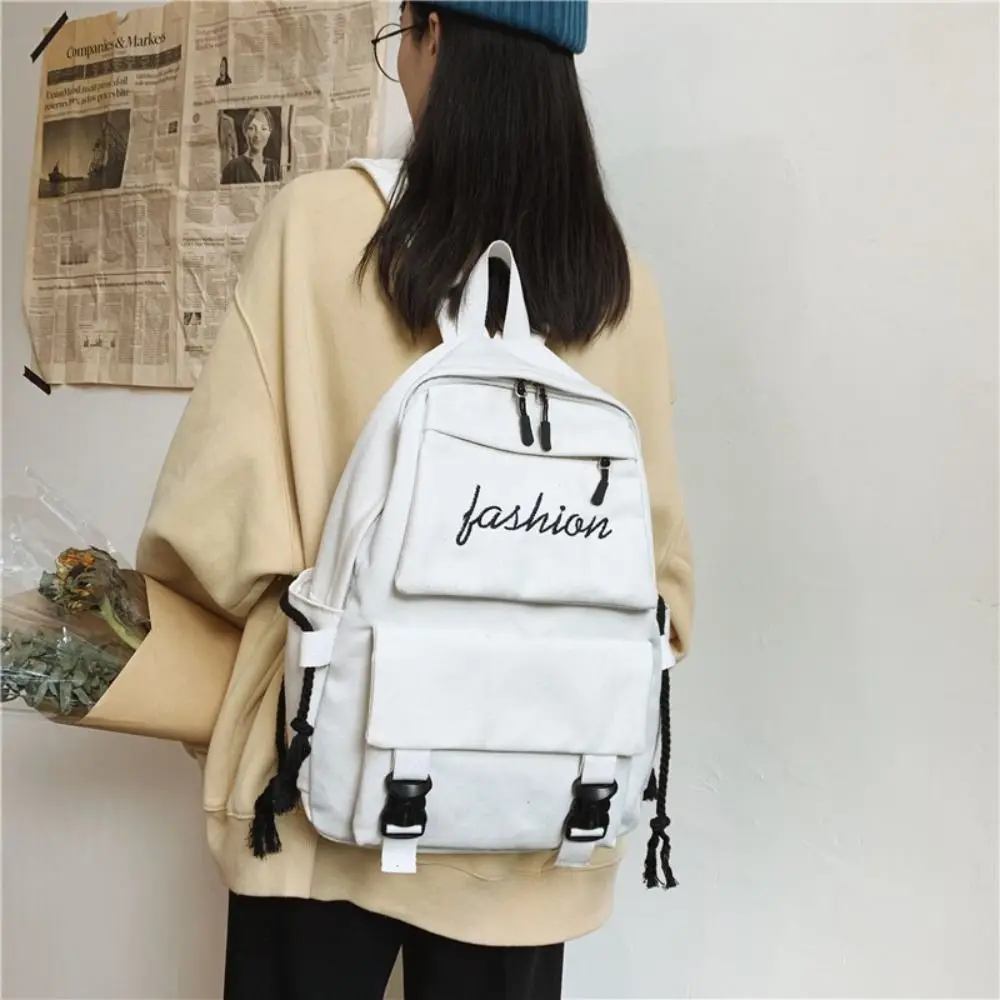 Women's Korean Version Canvas Schoolbag Men's Casual Solid Color Backpack Travel School Shoulder Bag 4