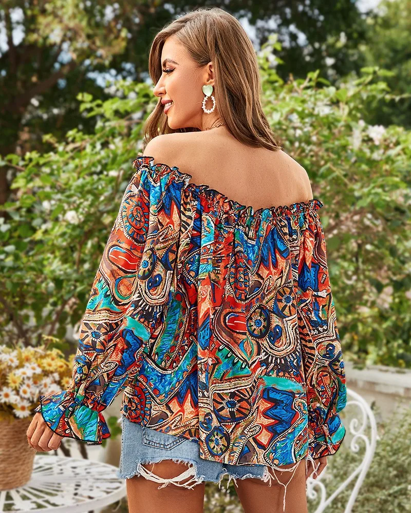 Description Picture 4 of itemSexy Slash Neck Off The Shoulder Strapless Lace Up Long Sleeve Floral Print Blouse Tops Summer Lady OL Workwear Blouse Shirts