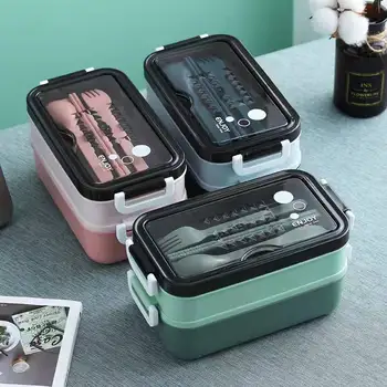 1pc 1400ml Double-layer Lunch Box Portable Compartment Food Box Microwave Lunch Box With Fork Chopsticks And Spoon Picnic Fresh 1