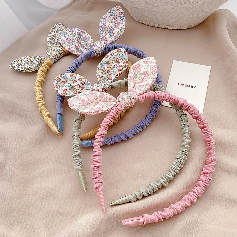 Lovely Girls Kids Rabbit Ears Flowers Printed Hairband Hair Accessories Bowknot Headband Hair Hoops