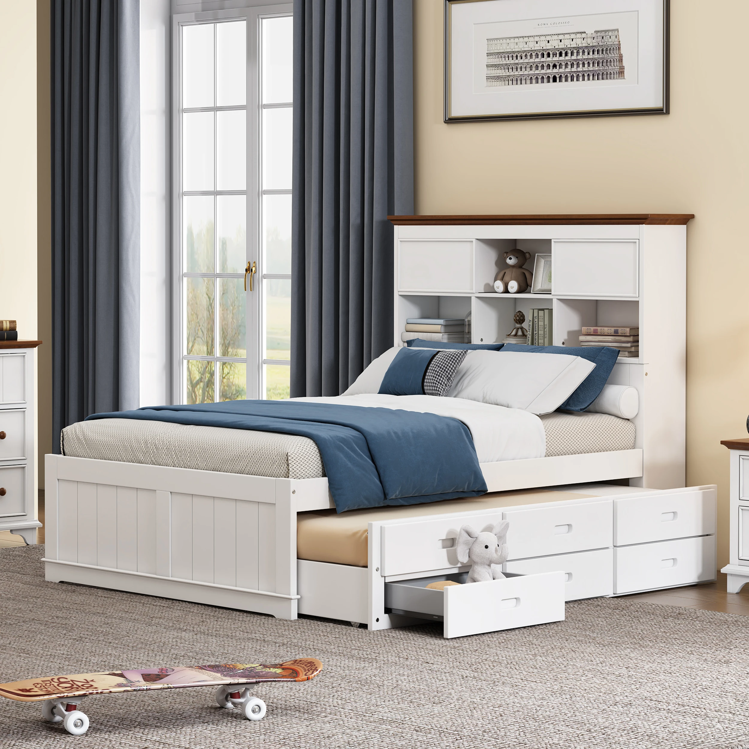 Solid Pine Captain Bookcase Bed with Trundle Bed and 3 Spacious Under Bed Drawers in Casual,Full, White+Walnut 6