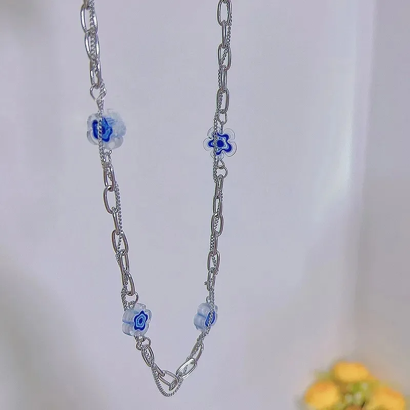 Boho Blue Flower Stitching Women's Necklace Fashionable for Daily Casual Beach Party Chain Chain For Women Fashion Jewelry 2023