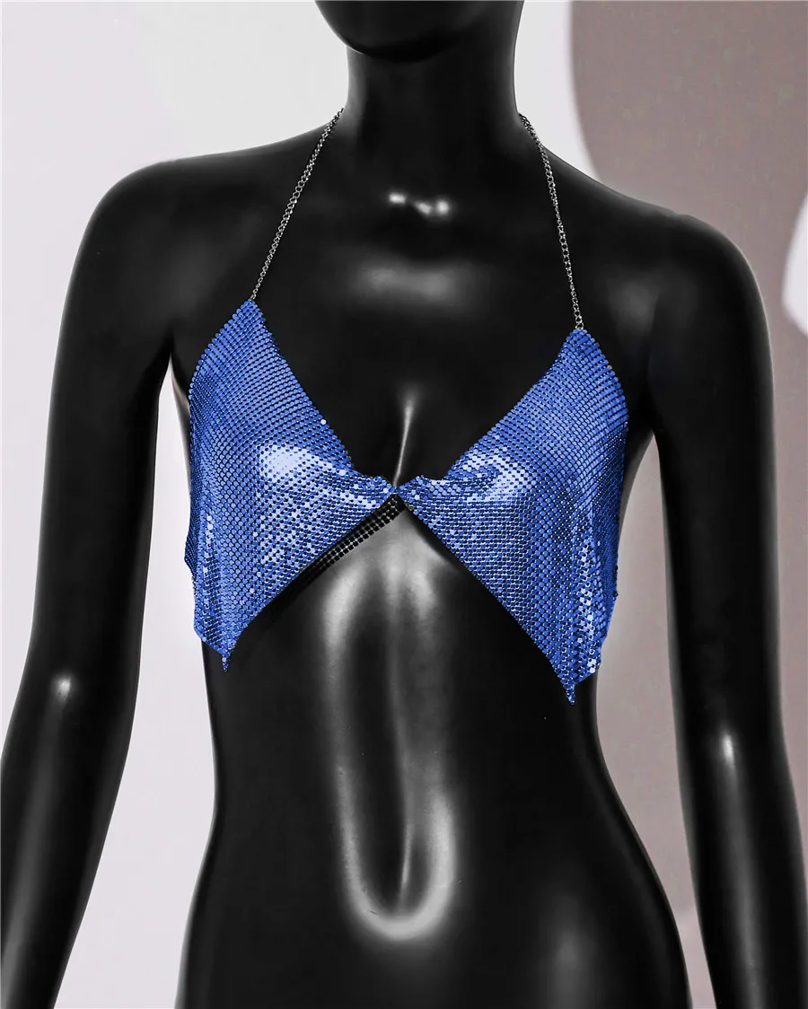 Akyzo Mode Metall Pailletten Leibchen Sommer Frauen rücken frei Neck holder Hals von der Schulter Crop Top Rave Vocal Konzert Tank Top – Detail 17