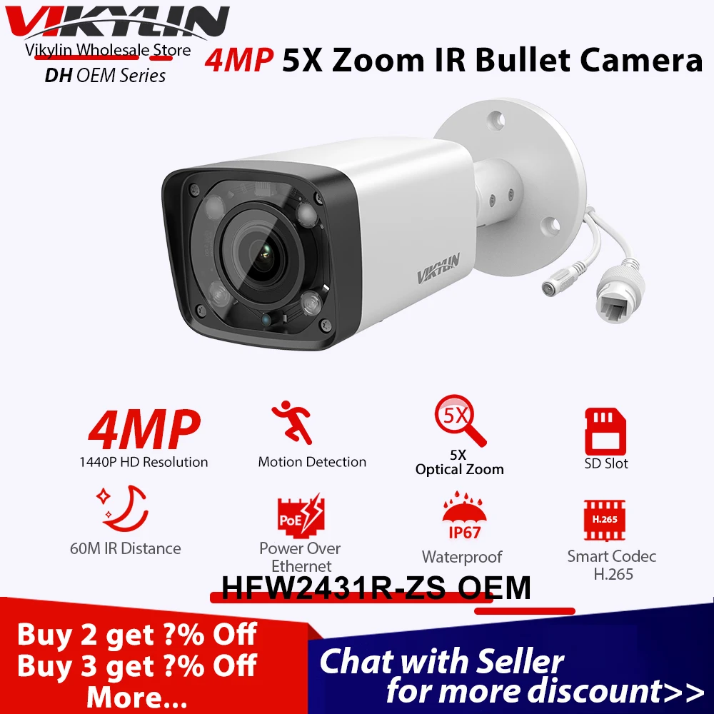 

Vikylin IP Camera 4MP IPC-HFW2431R-ZS for Dahua OEM Bullet PoE IR 60M 5X Optical Zoom SD Card IP67 Video Surveillance IP Cam