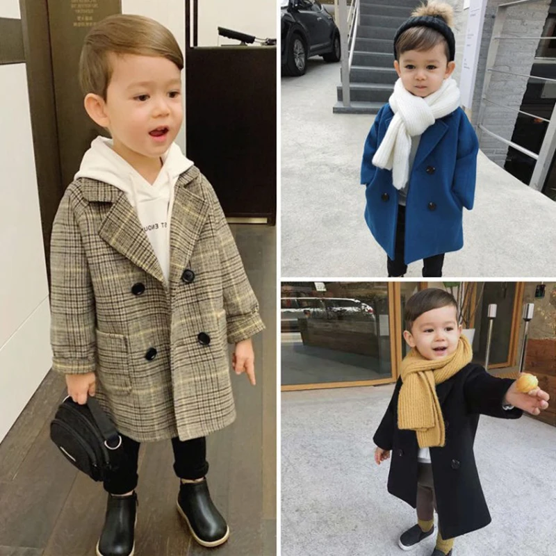 Spring Boys Girls Woolen Double-breasted Trench Coat for Kids