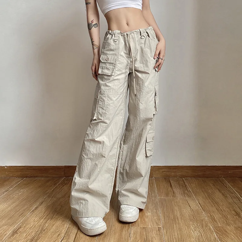 Pocket Patchwork Straight Pants Light Khaki Low Rise Baggy Casual Cargo Pants for Women Harajuku 2000s Jogging Overalls casual grey bandage baggy sweatpants women loose street style low rise jogging trackpants harjauku basic straight pants