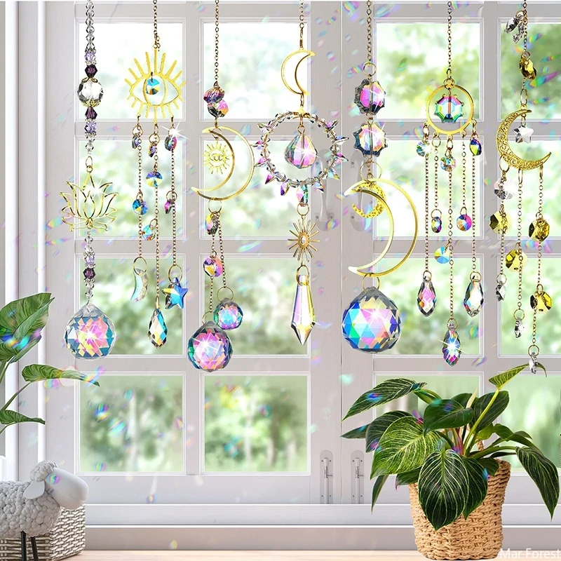 Crystal Suncatcher Sun Moon Light Catcher Pendants Wind Chimes Rainbow Maker Home Garden Decoration Window Car Charm Ornament Sun Catcher Crystal Pendant Sun Catchers Window Ornament