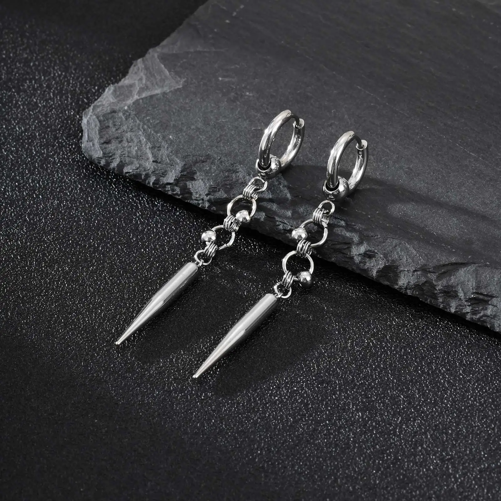 Vintage Mode Punk Gothic Kegel Anhänger Ohrringe für Männer, Edelstahl Silber Farbe Tropfen Ohrringe, Retro Hip-Hop Schmuck – Detail 9