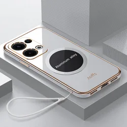 Luxury Square Plating Magnetic Attraction Shockproof Silicone Back Cover for OPPO Reno13 Pro (CXgs6D White)