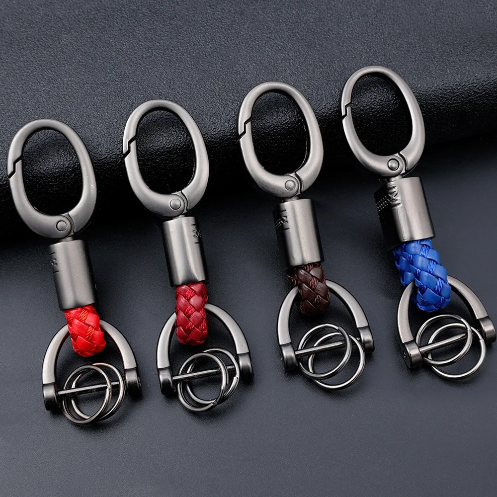 1pc Leather Rope Woven Horseshoe Buckle Keychain Metal Key Holder Auto