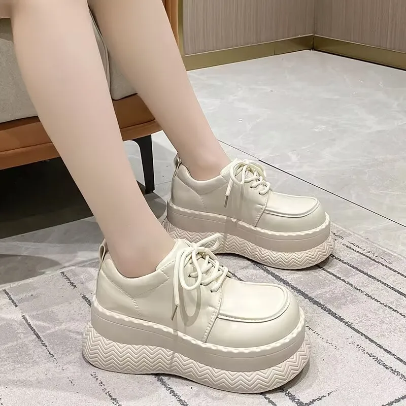 Round Toe Thick Bottom Platform Chunky Heels Women Pumps Lace Up Black Ins Fashion Punk Street Ladies Shoes Zapatillas De Mujer